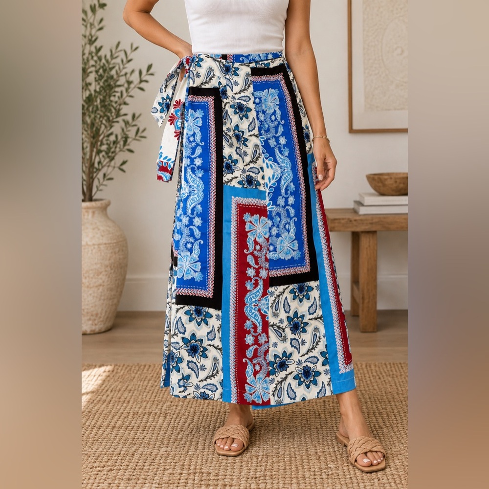 LOFT Patchwork Paisley Floral Maxi Wrap Skirt Blue Red White Black Tie Waist